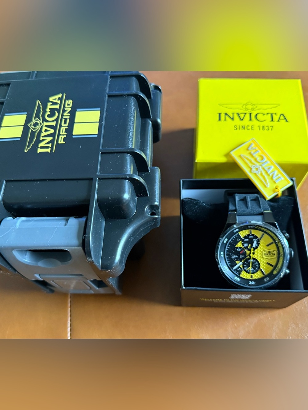 Invicta NIB Champier Black and Yellow Racer Chronograph Watch w Bonus Box